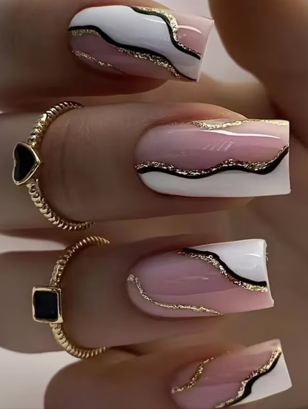 Gold-Accent Pink & White Press On Nails